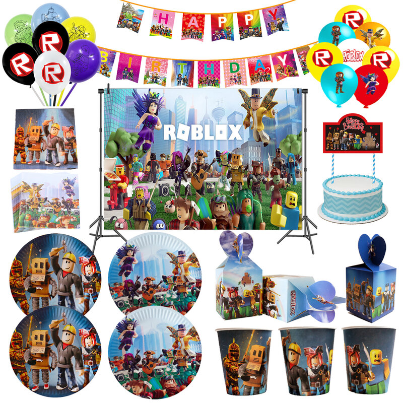 Robloxs Theme Boys dekoracje na imprezę urodzinową Robot Roblo Plate Cup balony jednorazowe zastawy stołowe przybory dla niemowląt