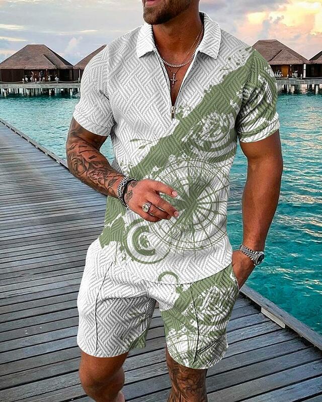 Гавайский костюм для мужчин, рубашка-поло на молнии с короткими рукавами, пляжные шорты, повседневный Дорожный комплект из 2 предметов, лето