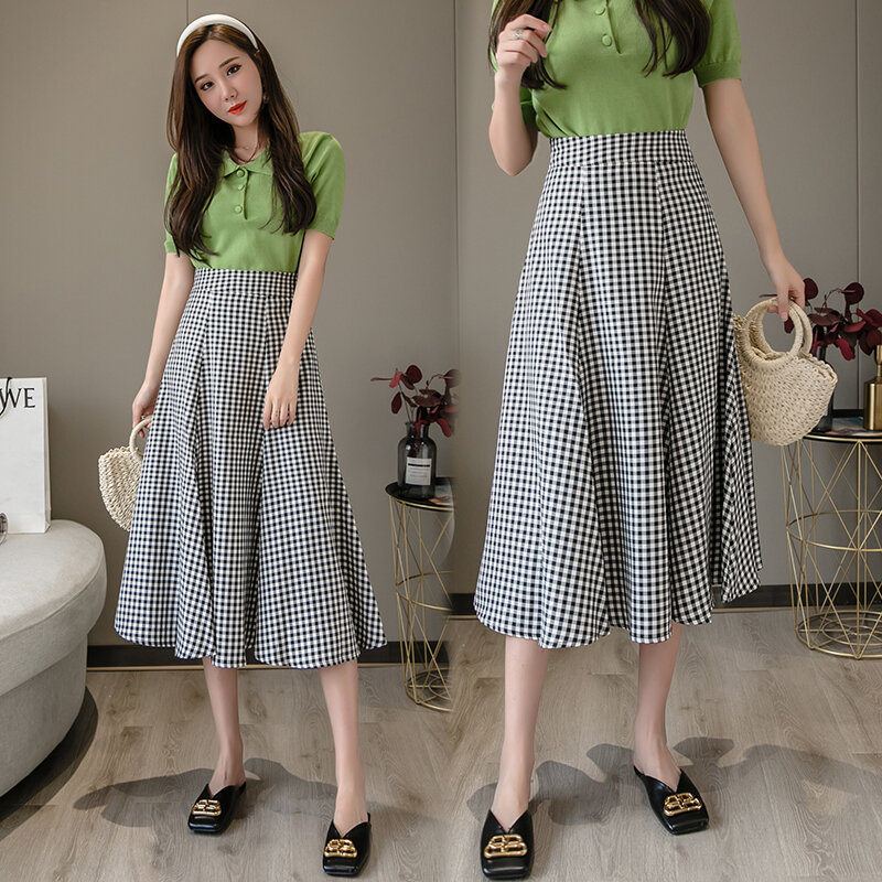 Женская юбка с завышенной талией Wisher & Tong, весна 2022, клетчатая юбка средней длины в Корейском стиле, винтажная трапециевидная юбка в стиле ретро, длинная пышная черная юбка для вечерние