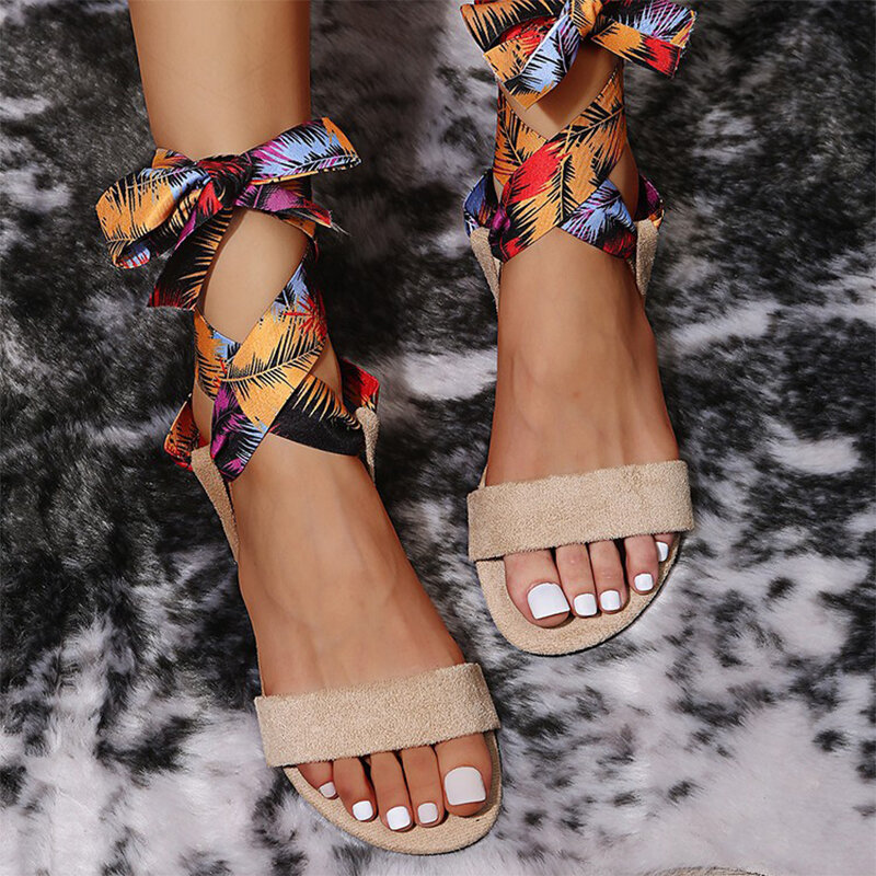 Women Bandage Sandals Female Gladiator Print Summer Beach Flats Ladies Casual Cross Tied New Shoes Woman Suede Round Head Bottom