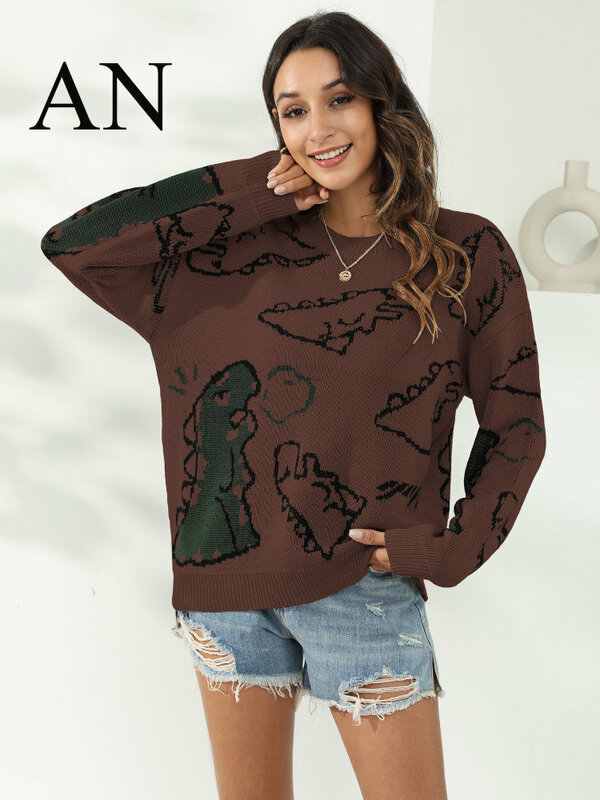 Женский свитер, женское плотное пальто, индивидуальный пуловер с динозавром, Свободный Повседневный свитер, свитер оверсайз, Корейская оде...
