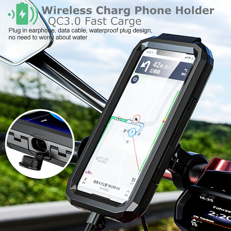 Mobile Phone Holder for Motorcycle with 15W Fast Wireless Charger Waterproof Bike Bicycle Case Cell Phone Holder Accessories