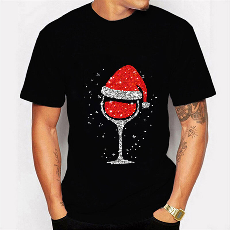 Camiseta con estampado de sombrero de Navidad para hombre, Camisetas estampadas de algodón, camisetas divertidas de vino de Navidad, camisetas Harajuku, camisetas de Feliz Navidad para hombre
