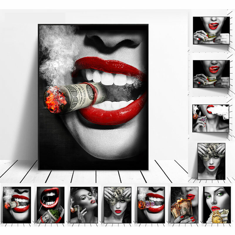 Glimlach Rode Lippen Roken Schoonheid Vrouw Foto Brandende Dollar Geld Canvas Schilderij Wall Art Poster Home Decoration Voor Woonkamer