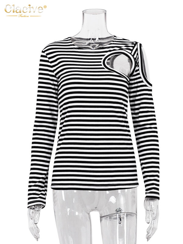 TTQV-Camiseta listrada preta feminina, manga comprida, oca fora, elegante fina, camisetas com o pescoço feminino, moda casual, outono, 2022