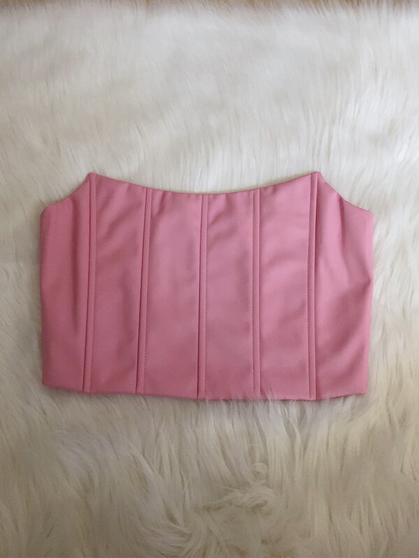 Alta qualidade verão bodycon parte superior das mulheres fishbone forrado mini rosa couro do plutônio superior sexy colheita moda senhora clubwear festa 24cm