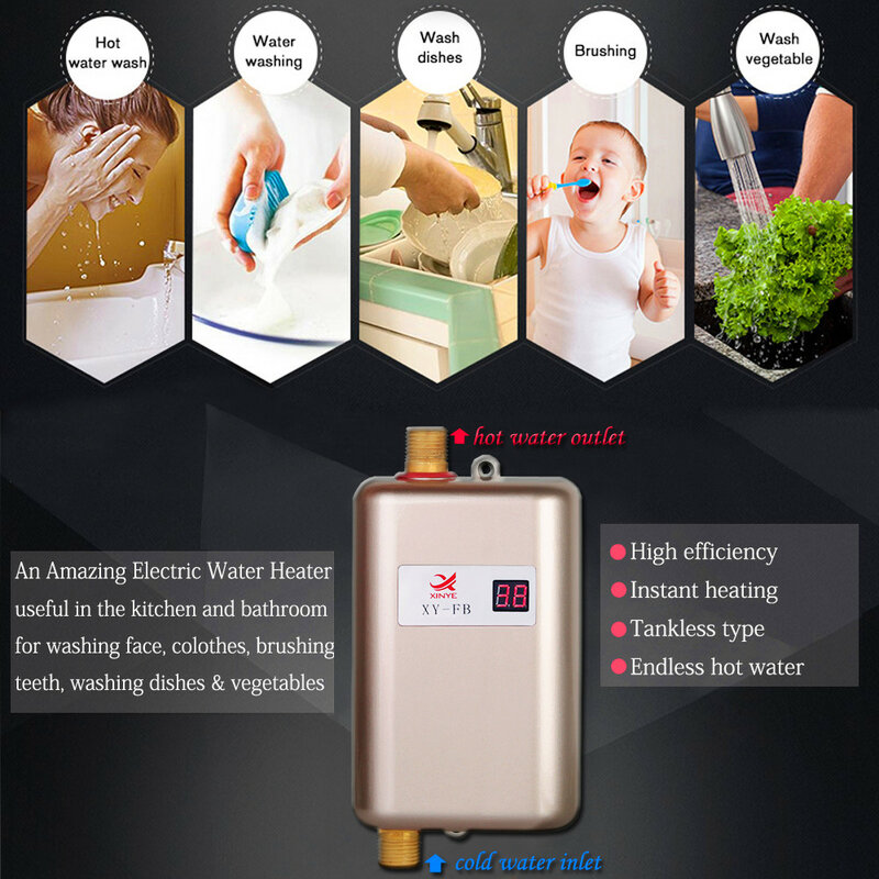 Mini aquecedor elétrico de água instantânea, 3800W, pia, display LCD, casa, cozinha, lavar