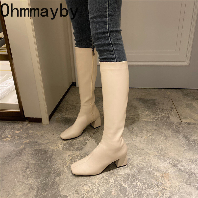 Slim Woman Knight Knee-high Boots Square 6CM Heel Ladies Zippers Fashion Soft Leather Winter Long Boots 2022 Shoes For Women
