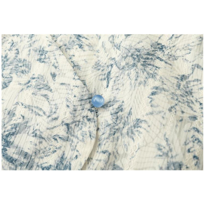 Chinese Stijl Shirt Womens Lente Zomer Retro Bloemenprint Inkt Blauw Water Drop Knoopsluiting Textuur Lange Mouwen Blouse vrouwelijke