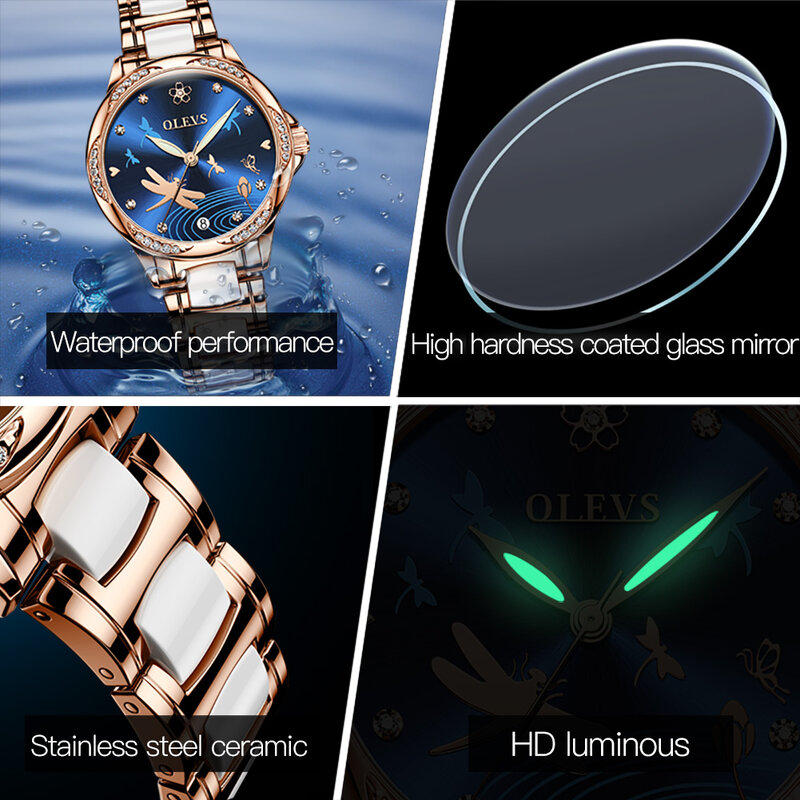 OLEVS Automatische Mechanische Wasserdichte Uhren für Frauen Keramik Armband Keramik Voll-automatische Mode Frauen Armbanduhr Leucht