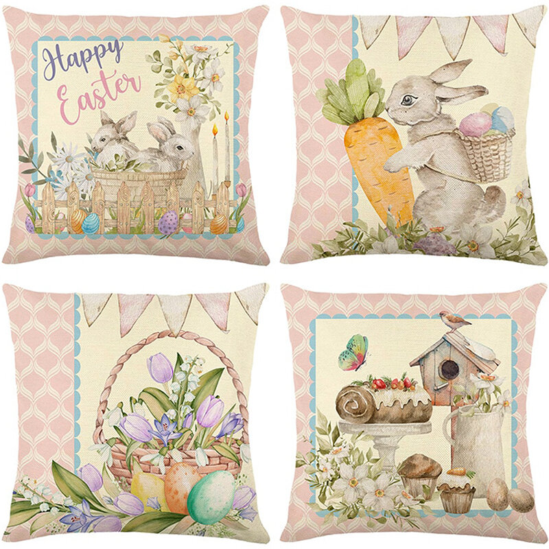 Funda de almohada con diseño de conejito de Pascua para decoración del hogar, funda de almohada con diseño de conejo, zanahoria, huevos coloridos, ideal para el día de Pascua, regalo 2023
