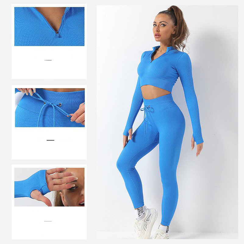 Solid Colors Women Yoga Set Long Sleeved Sports Zipper Suit Quick Dry Training Fitness High Waist Yoga Pants Leggings