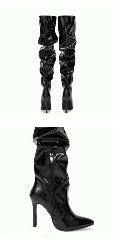 High Quality Pleated Patent Leather Motorcycle Over The Knee Boots Women Fashion Pointed Toe Zip Thigh High Lady Shoes