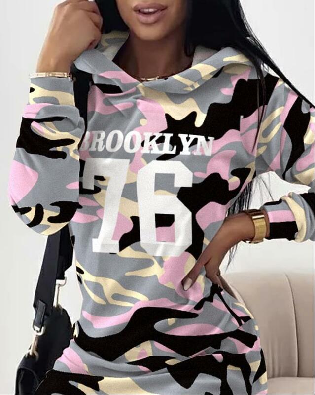 Women's Spring and Autumn New Casual Letter Camouflage Printing Long Sleeved Hooded Sweatshirt Dress Loose Pullover Dress
