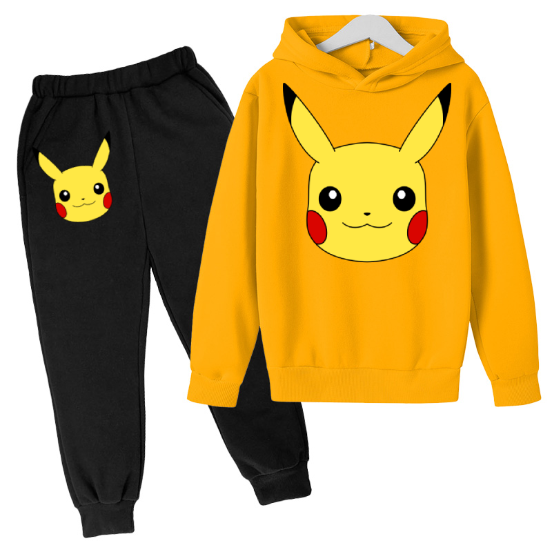 Pikachu hoodie pokemon hoodie jogo hoodie conjunto outono crianças com capuz + calças 2 peças conjunto adolescente bonito hoodie 4-14y little boy roupas