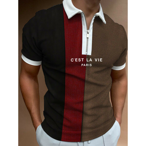 Camisa polo masculina de manga curta camisa polo contraste zíper polo novo verão streetwear moda casual alta qualidade masculino topos