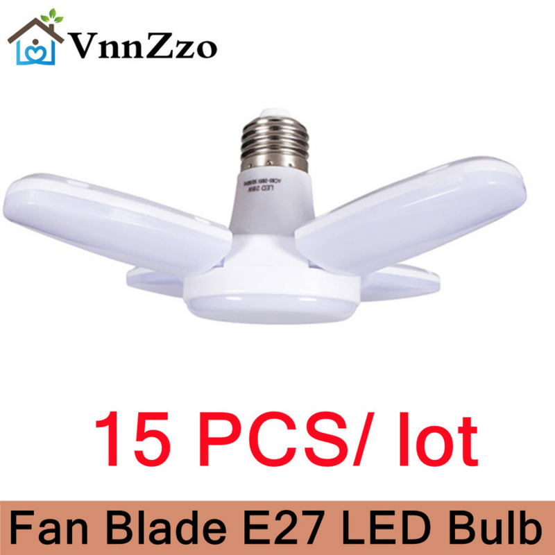 15 pçs/lote Lampada Led Mini Folding Fan Led Light Bulb E27 AC85 - 265V 28W Dobrável Fan Blade Ângulo de Luz Ajustável Lâmpada