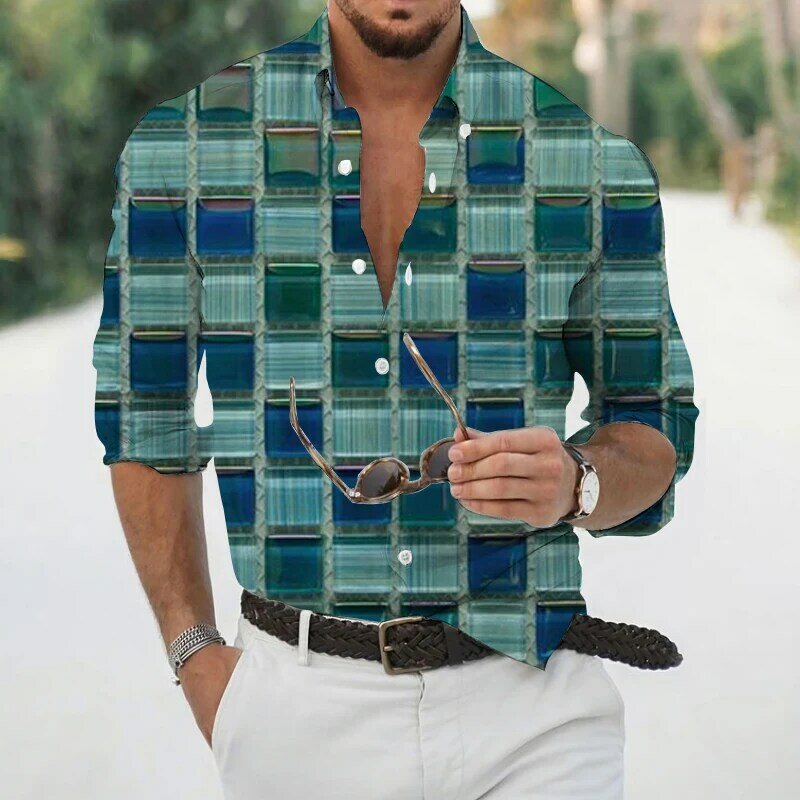 Camicie da uomo primavera autunno stampa digital geometrica risvolto manica lunga camicia casual ana ana allentata S-3XL