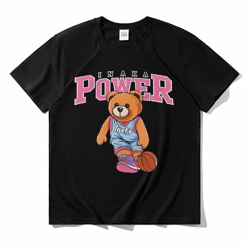 Inaka Power تي شيرت مضحك الوردي لكرة السلة الدب نمط قميص مطبوع الصيف الرجال النساء قسط القطن الخالص تيز المتضخم تي شيرت