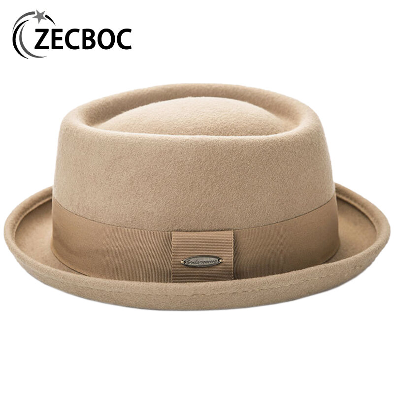 Luxury Cap For Men Classic 100% Wool Felt Pork Pie Fedora Hat Autumn Winter Curved Brim Women Church Hat Ribbon Cylinder Hat New
