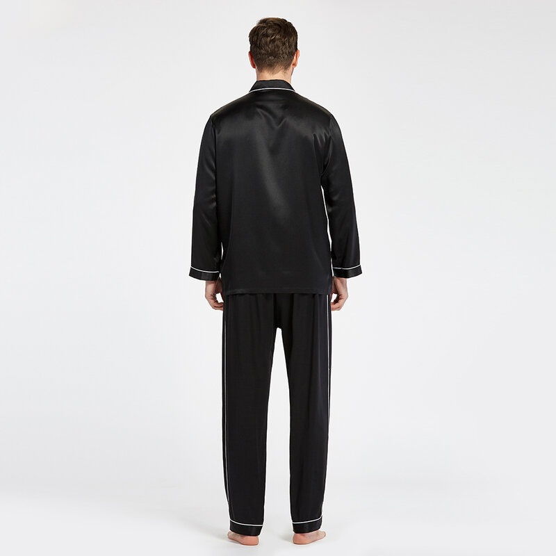 100% real seda pijamas conjunto para homem 22 momme luxo comprimento total longo contraste guarnição roupas masculinas pijamas