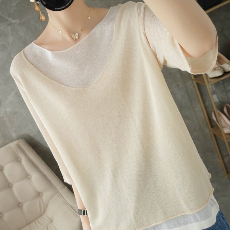 女性用ツーピース半袖Tシャツ,ショートニット,カジュアルで痩身,対照的な色,2022