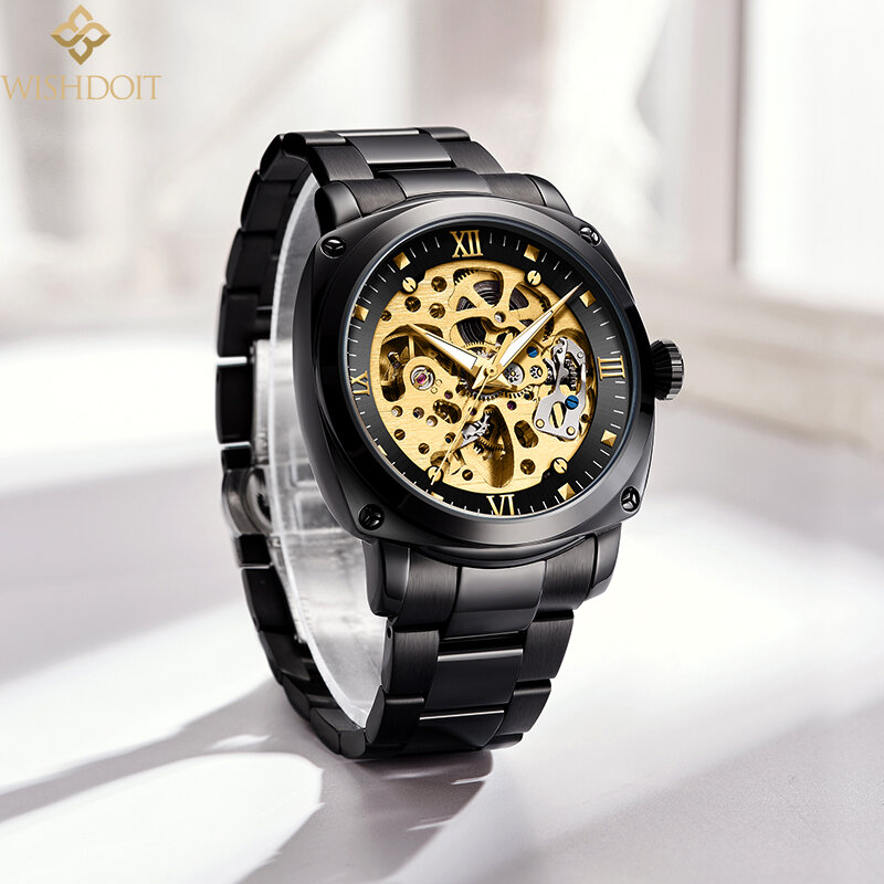 Wishdoit-男性用のオリジナルの自動機械式時計,ステンレス鋼,防水,金メッキ,ビジネスファッション,トップブランド