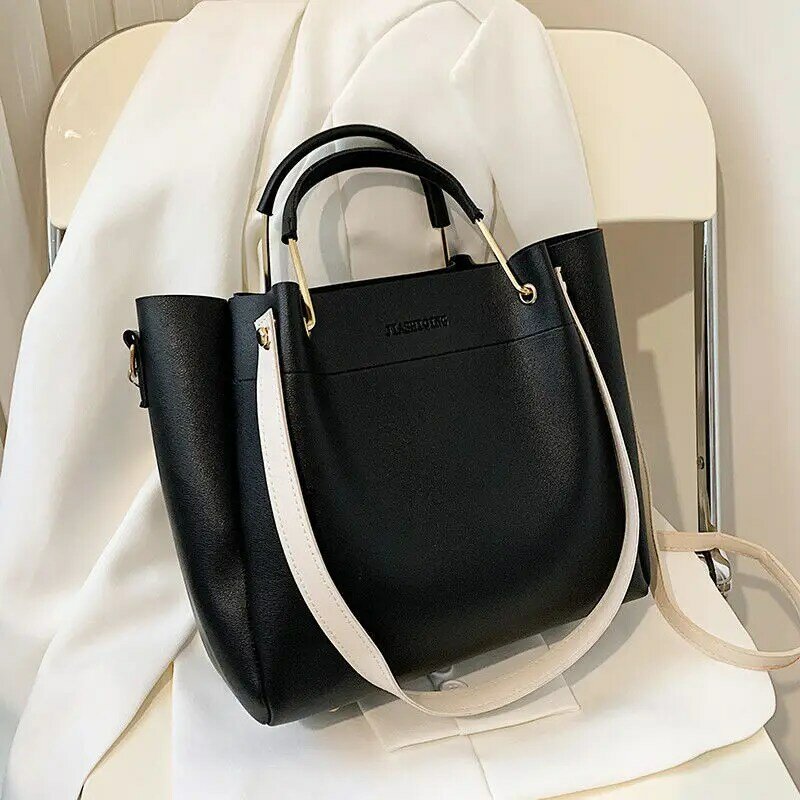 Large Capacity Women's Bag Metal Handle Big Tote Brown/Blue/Black/Khaki Color PU Leather Shoulder Handbags Female Crossbody Bags