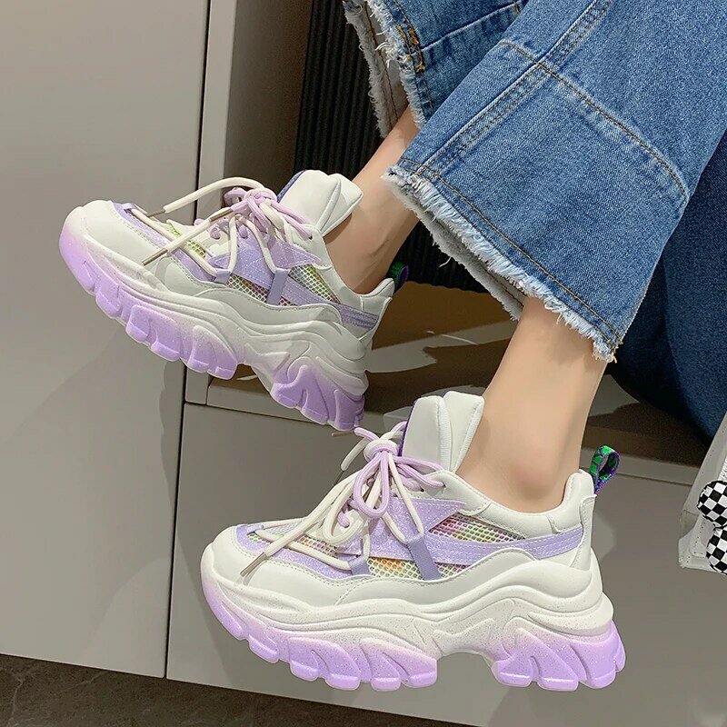Women's Chunky Sneakers Thick Bottom Platform Vulcanize Shoes Green Purple Fashion Breathable Casual Training Shoes Woman Female