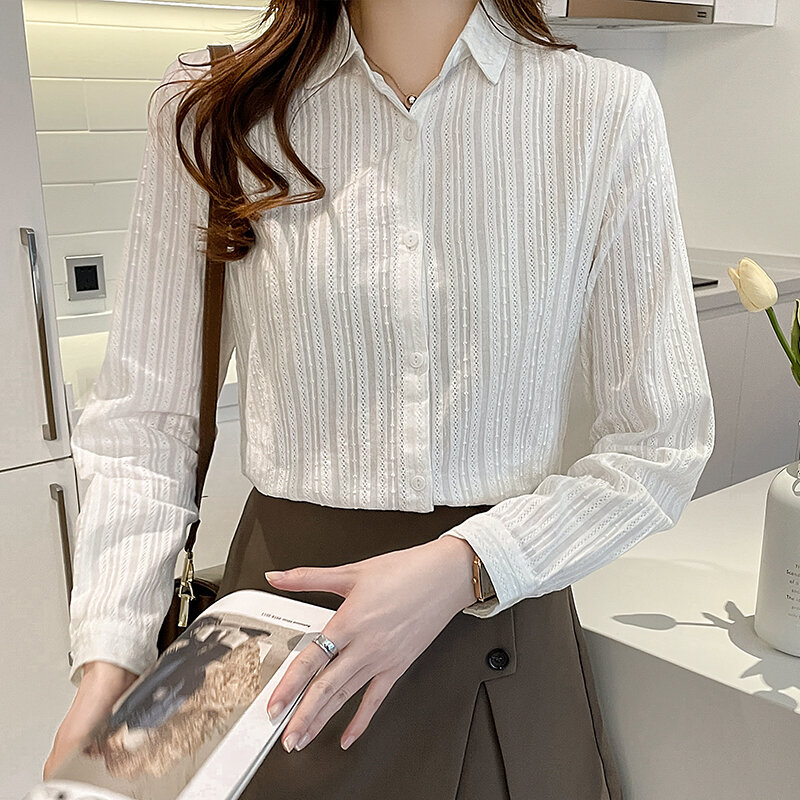 ขนาดเล็กสดหญิงเสื้อแขนยาวลาย2022ฤดูใบไม้ผลิใหม่วรรณกรรมเสื้อ Simple Office Lady All-Match ปุ่มเสื้อ