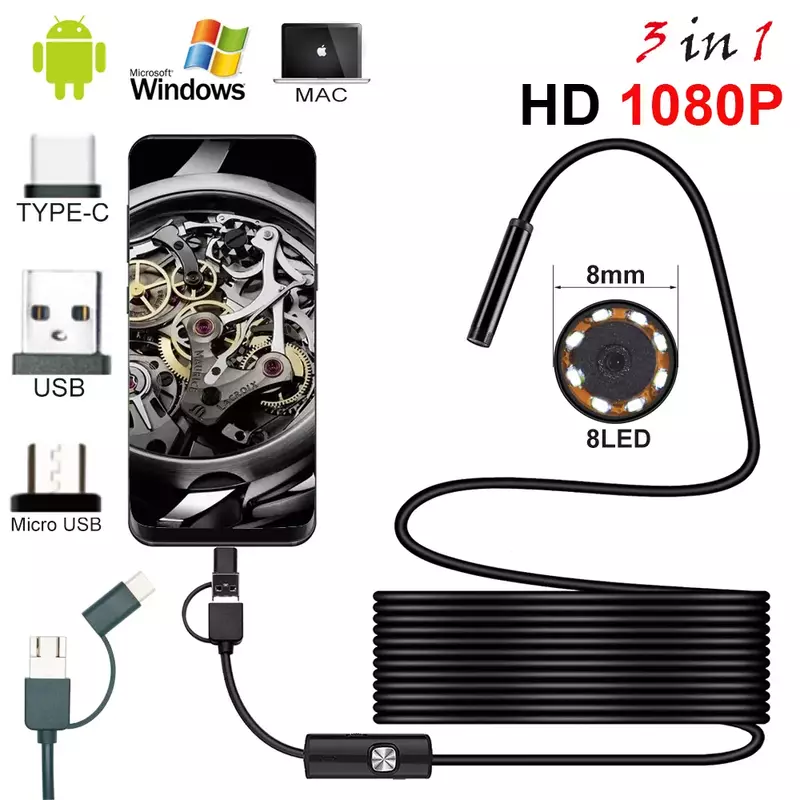 Baru 8.0Mm Kamera Endoskopi 1080P HD USB Endoskopi dengan 8 LED 1/2/5M Kabel Tahan Air Inspeksi Borescope untuk Android PC