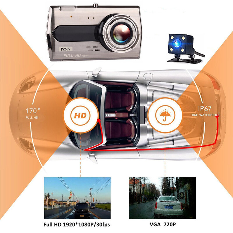 Xe Ô Tô DVR Full HD 1080P Dash Cam Phía Sau Xe Đầu Ghi Hình Bãi Đậu Xe Màn Hình Nhìn Xuyên Đêm G-cảm Biến Dash Camera GPS Theo Dõi