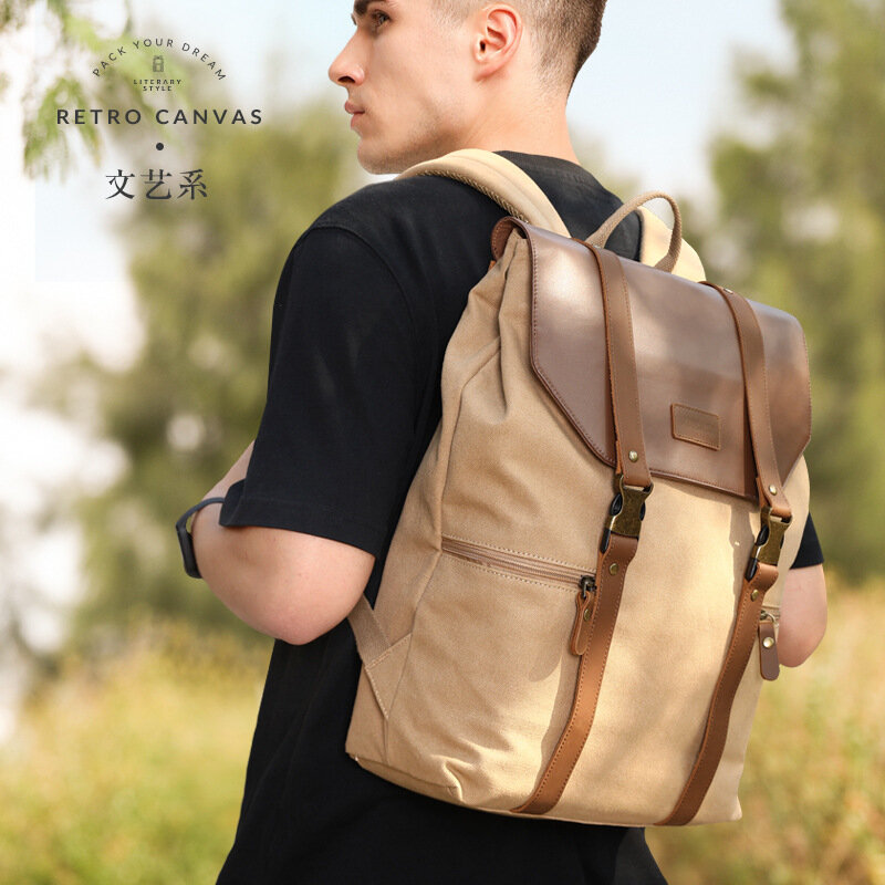 Tangcool lona mochila masculina do vintage de couro casual para caminhadas viagem acampamento mochila feminina sacos escola grande saco