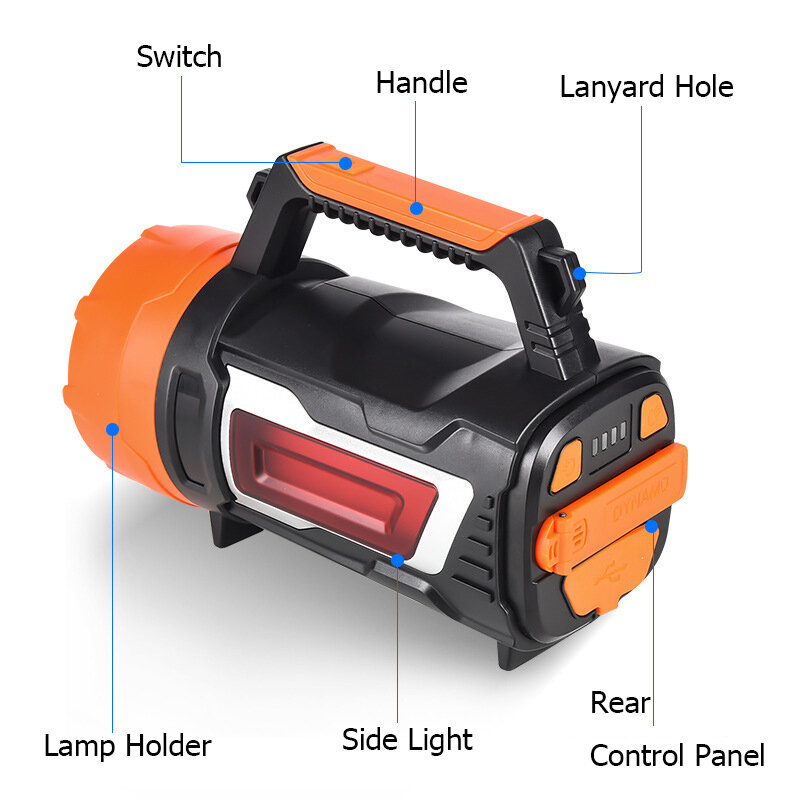 Krachtige Zaklampen Ultra Heldere Portable Spotlight Zoeklicht Zaklamp Met Side Licht Oplaadbare Hand Crank Kamp Lantaarn