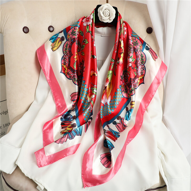 Silk Square Scarf for Women Satin Hijab Bandana Headkerchief Floral Print Hair Tie Band Muslim Wrap Shawls Headband 90*90cm