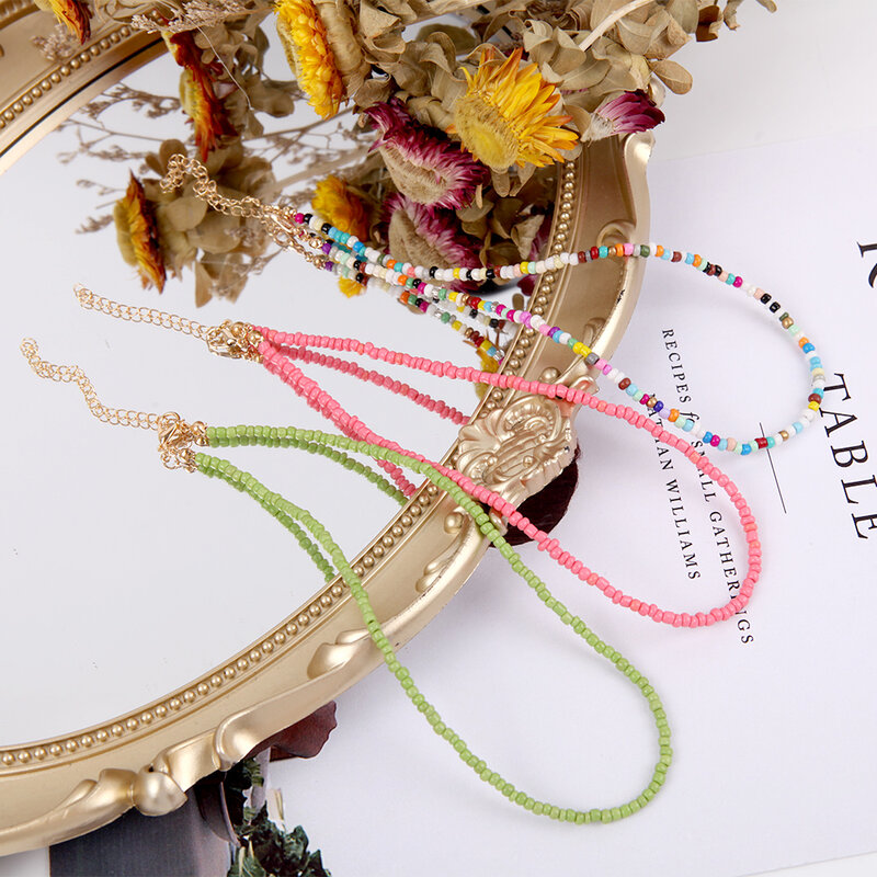 Kolorowe ryżowe naszyjniki z koralików dla kobiet nastolatki dziewczęce regulowane proste Bohemia naszyjnik typu Choker leżący na linii obojczyka modna biżuteria plażowa