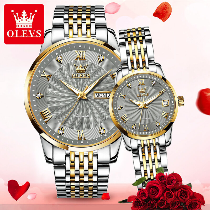 OLEVS الموضة التلقائي الكامل زوجين ساعة اليد مقاوم للماء الفولاذ المقاوم للصدأ حزام التلقائي ساعات آلية للزوجين