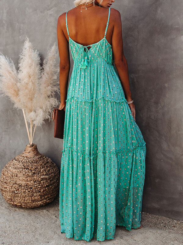 Boho-긴팔 주름 주름 비치 드레스 여성용, 그린 프린트 민소매 스파게티 스트랩 미디 드레스, 여름