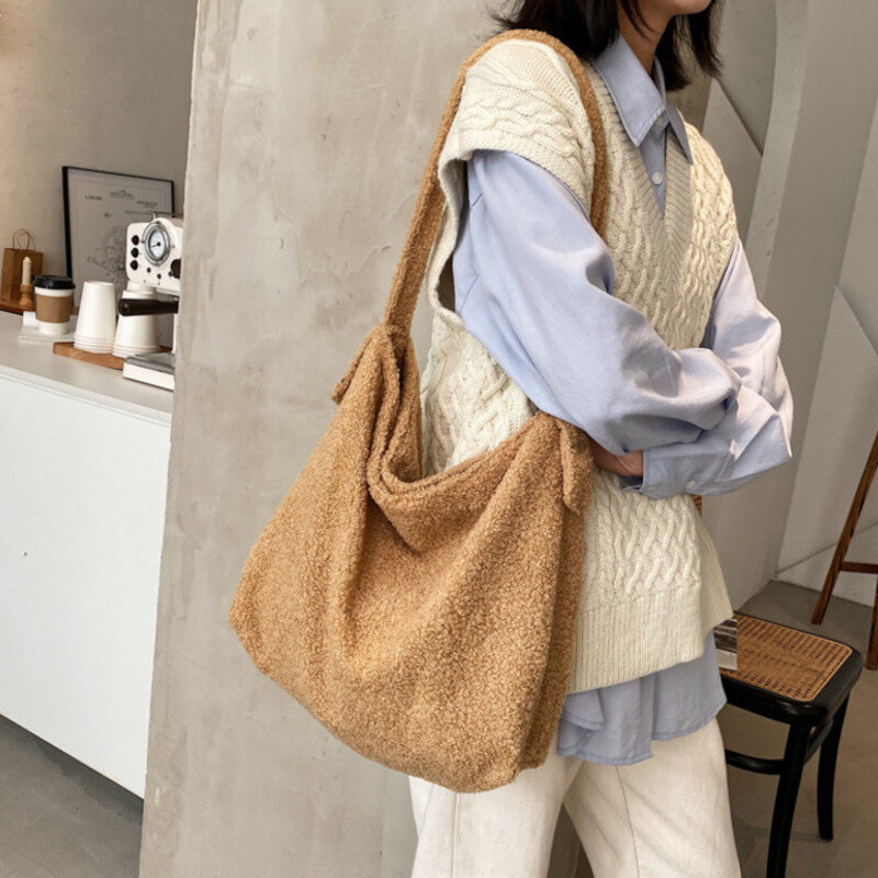Grande capacidade feminina bolsa de ombro outono e inverno de pelúcia lazer sacos de compras moda tote bolsa feminina crossbody sacos