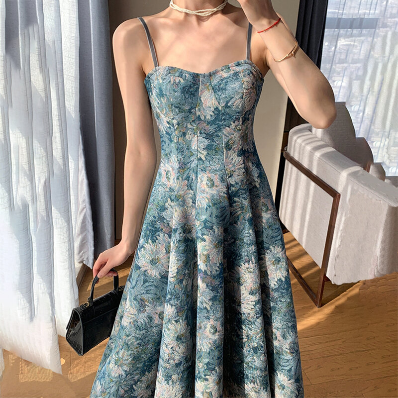 Frauen Blumen druck drapiert A-Linie Slip Maxi kleid Vintage Sommerferien Strand langes Kleid elegante koreanische Stil schlanke lange Sommerkleid