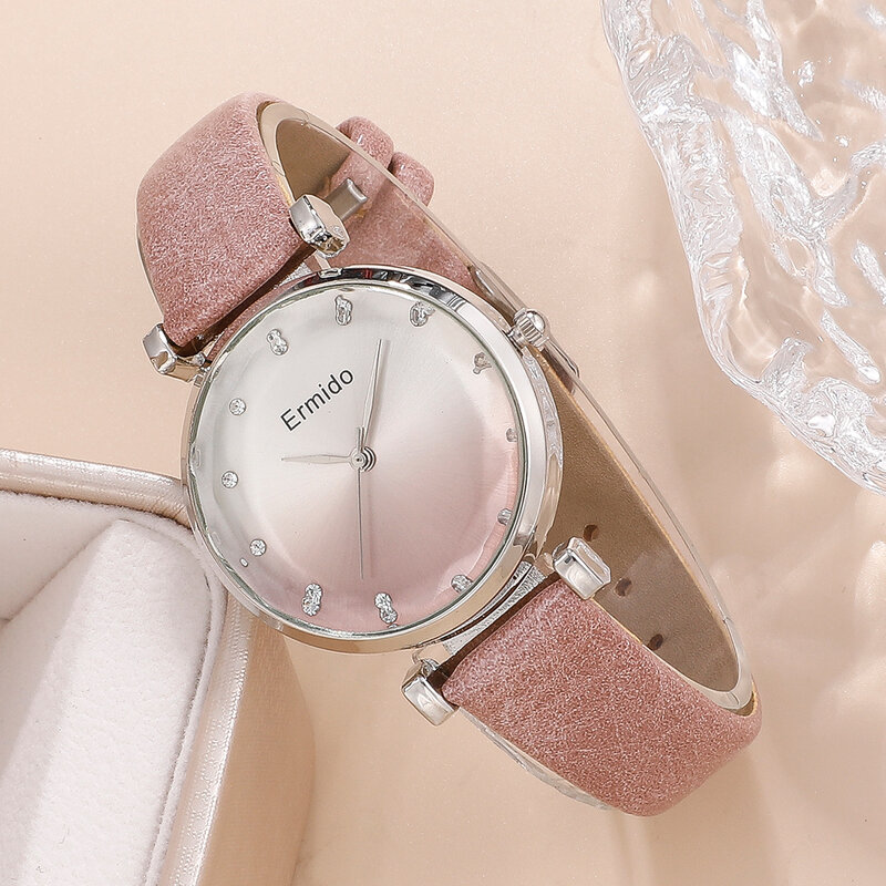 Ladies Wristwatch Set 4pcs Leather Quartz Watch with Pearl Crystal Rhinestone Necklace Ring Earrings Gifts for Women  (No Box)