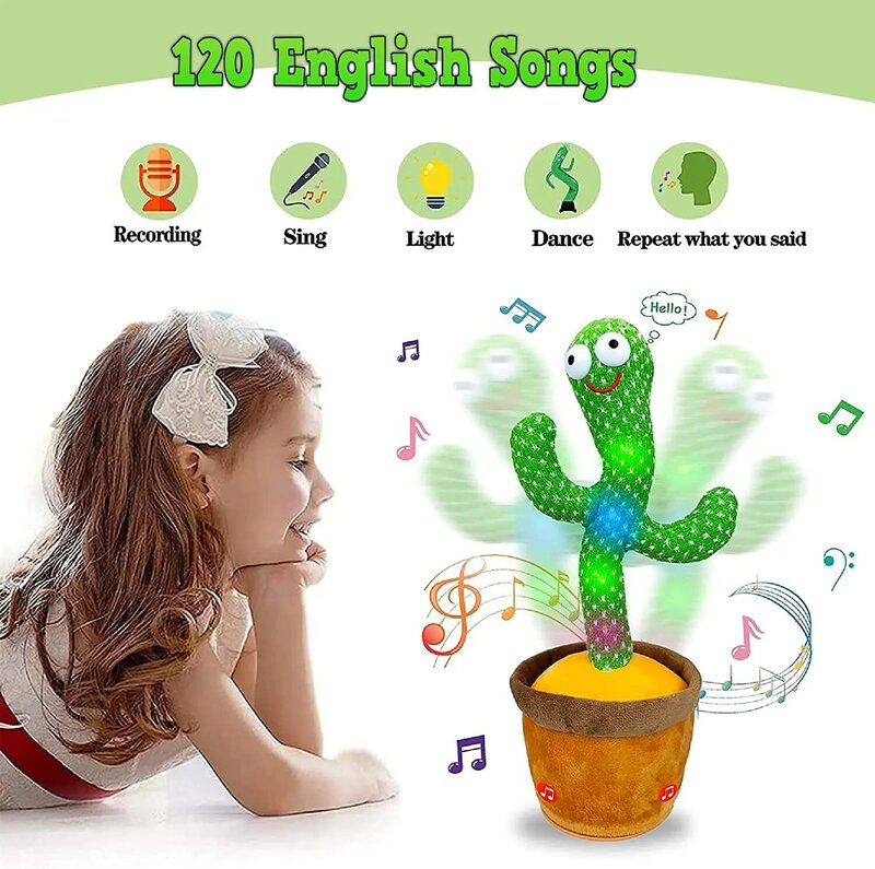 Muñeco de juguete de Cactus parlante para niños, juguete educativo para cantar canciones en inglés, con USB, para hablar y grabar, para baile, cactus bailarín Un juguete de cactus que aprende a hablar