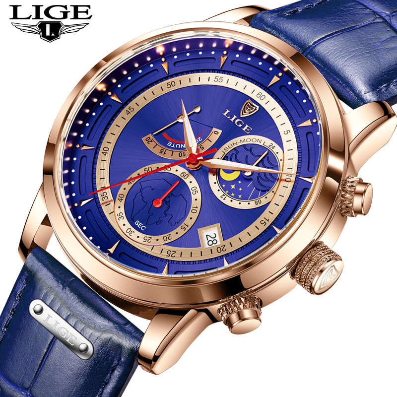 ใหม่ LIGE นาฬิกาแบรนด์หรูผู้ชายทหารกีฬาผู้ชายนาฬิกาข้อมือ Chronograph Quartz กันน้ำนาฬิกาหนังผู้ชายนาฬิ...