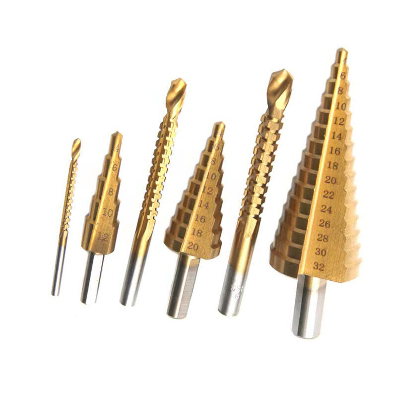 Set di punte per trapano a gradino in acciaio al titanio da 6 pezzi 4-12/20/32mm taglierina per fori in metallo cono di legno strumenti per sega a tazza Twist Saw Drill