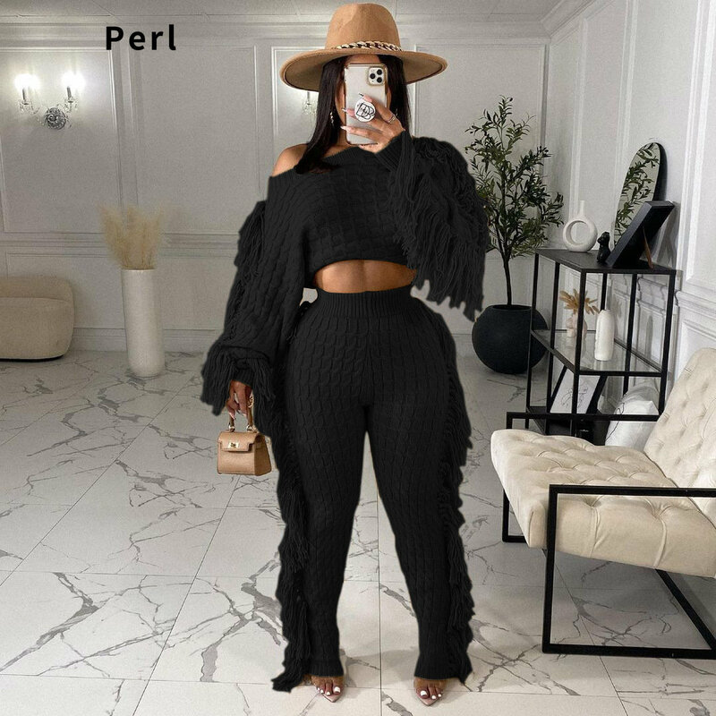 Perl Womens Two Piece Knitted nappa maglioni manica lunga Cropped top e pantaloni Loungewear set Casual autunno Outfit 2022
