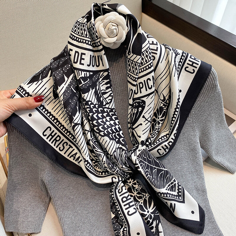 De moda de satén de seda hiyab de bufanda cuadrada de las mujeres 90*90cm de impresión Floral y chales de diadema pañuelos de Bandana pañuelo 2021 nuevo