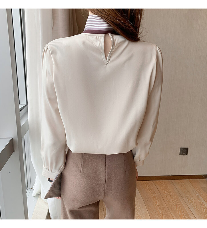 New 2022 Office Shirt Womens Blouses Bow Vintage Work Casual Tops Chiffon Blouse Elegant Long Sleeve Loose Shirts 971C