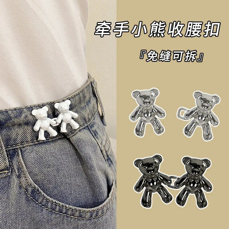 Botão bonito da cintura do urso para jeans, botão de metal sem costura, tamanho ajustável, acessórios destacáveis, criativo, 1 par