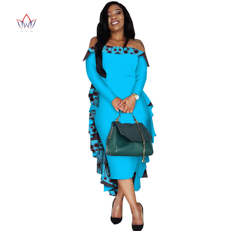 Lệch Vai Tay Dài Váy Đầm cho Nữ DỰ TIỆC CƯỚI Thường Ngày Ngày Dashiki Châu Phi Nữ Áo Phi Đầm Nữ WY4878