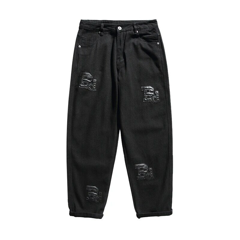 Americano hip hop alfabeto remendo de couro jeans preto roupas dos homens harajuku alta qualidade calças jeans coreano calças carga masculina